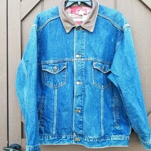 Vtg 90s Marlboro Country Denim Jean Jacket Leather Collar Plaid Nape XL Western